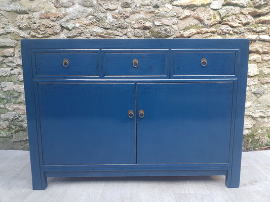 Buffet Salon Laqué Bleu Canard 3 Tiroirs 2 Portes | Mobello