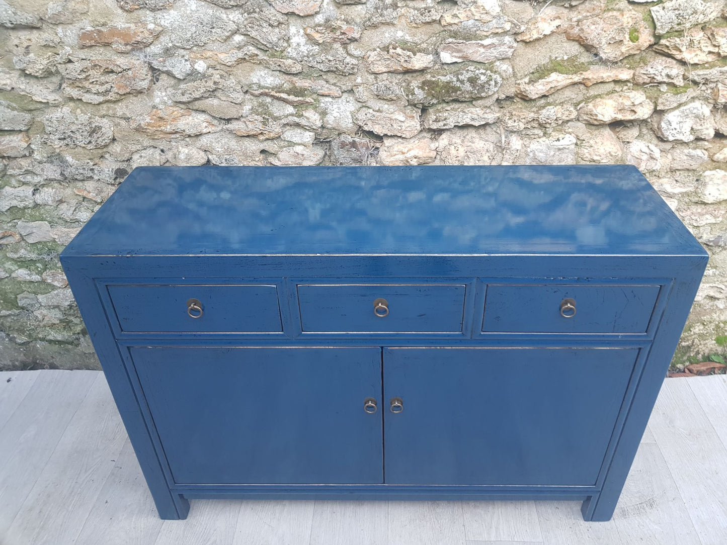 Buffet Salon Laqué Bleu Canard 3 Tiroirs 2 Portes | Mobello