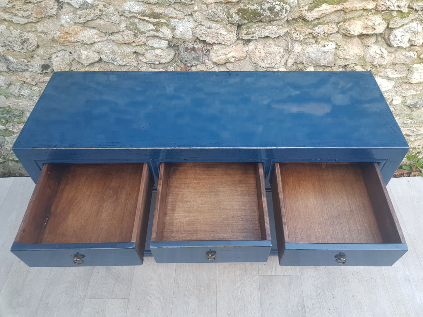Buffet Salon Laqué Bleu Canard 3 Tiroirs 2 Portes | Mobello