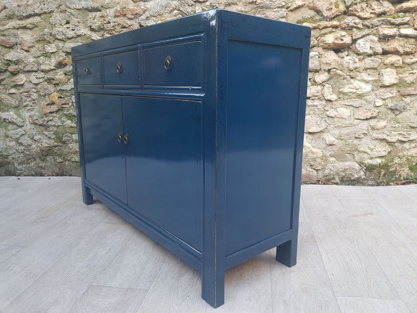 Buffet Salon Laqué Bleu Canard 3 Tiroirs 2 Portes | Mobello