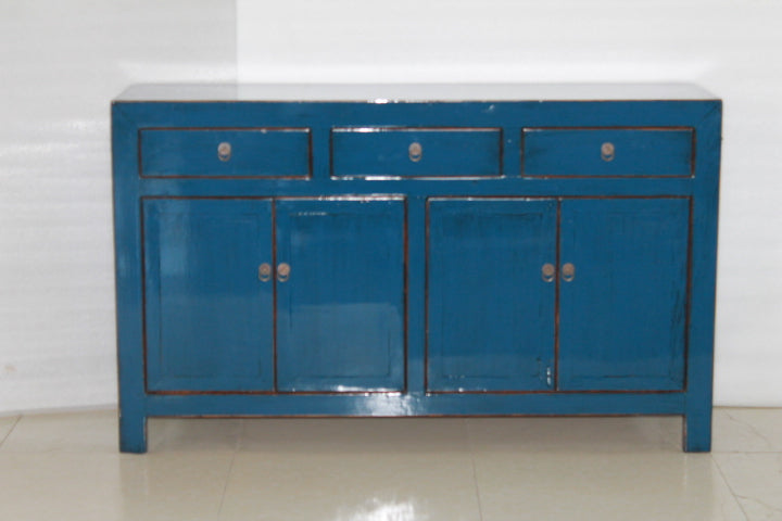 Grand Buffet Meuble Laqué Bleu Foncé 4 Portes 3 Tiroirs