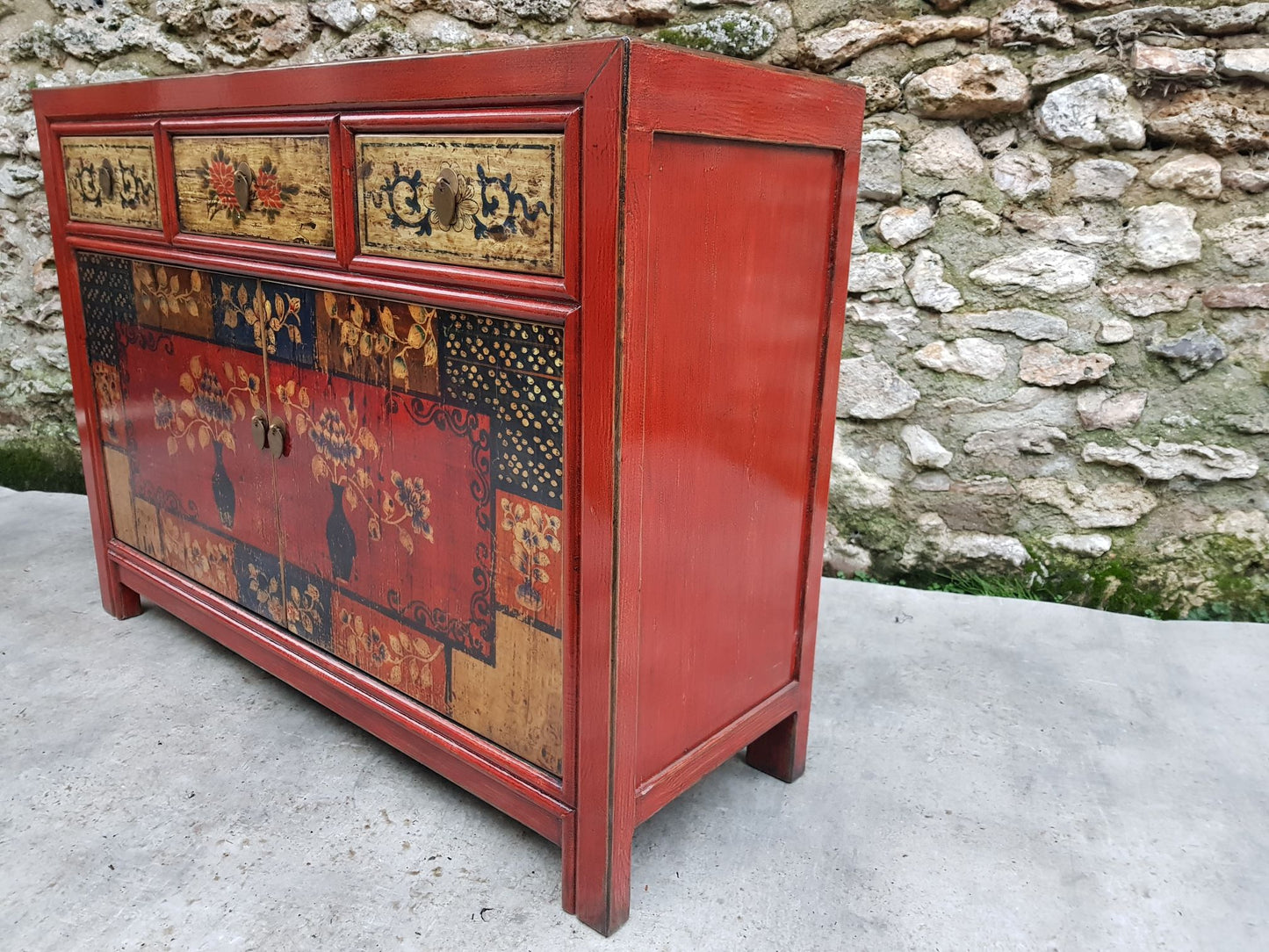 Moyen buffet 3 tiroirs 2 portes motif floral patchwork couleur rouge clair 5