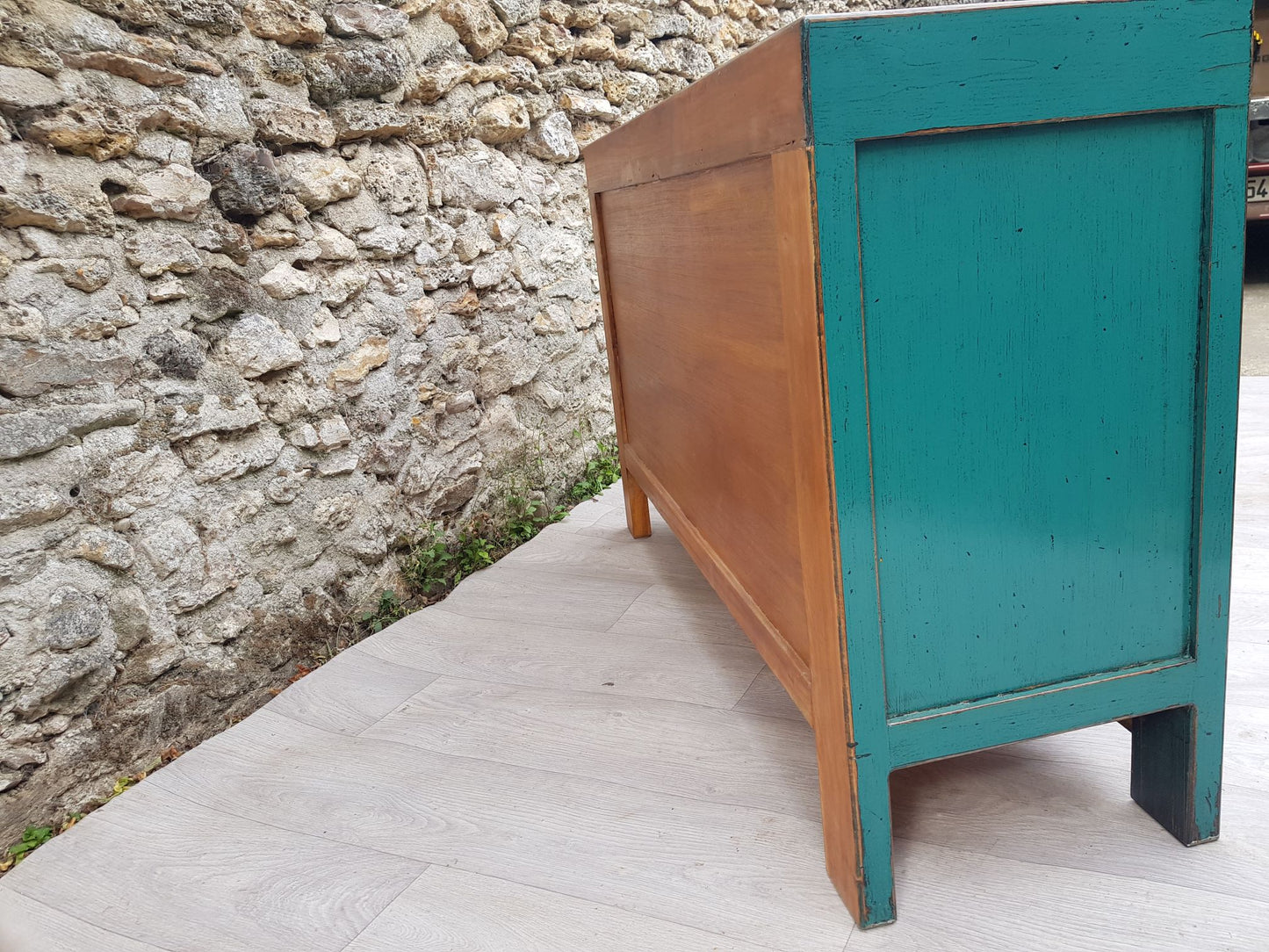 moyen meuble salon laqué bleu turquoise à croisillons arrière