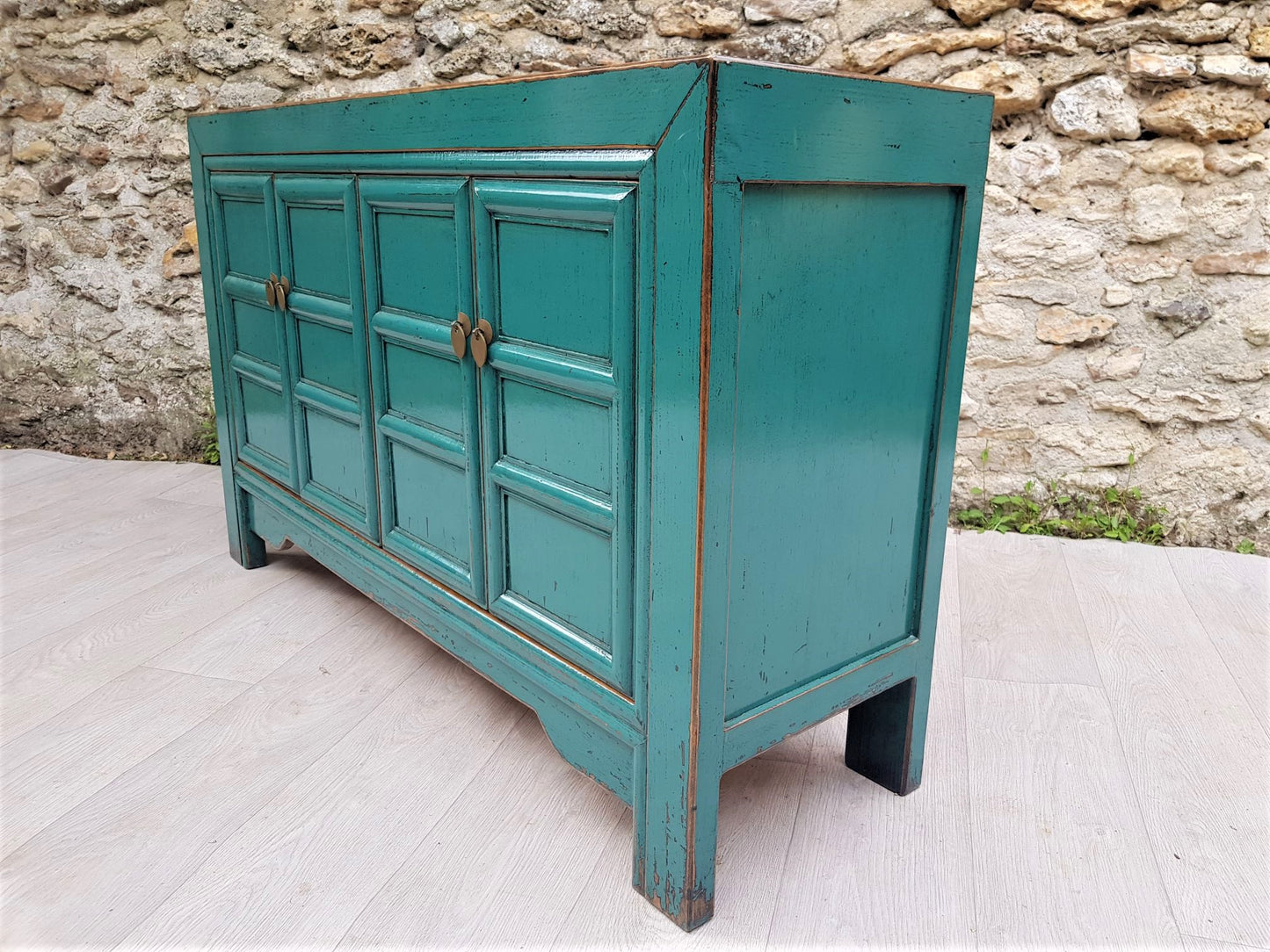 moyen meuble salon laqué bleu turquoise à croisillons gauche