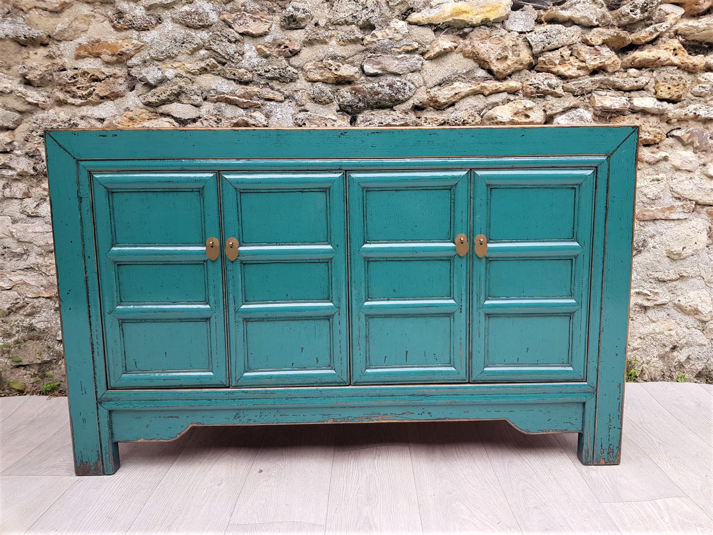 moyen meuble salon laqué bleu turquoise à croisillons face