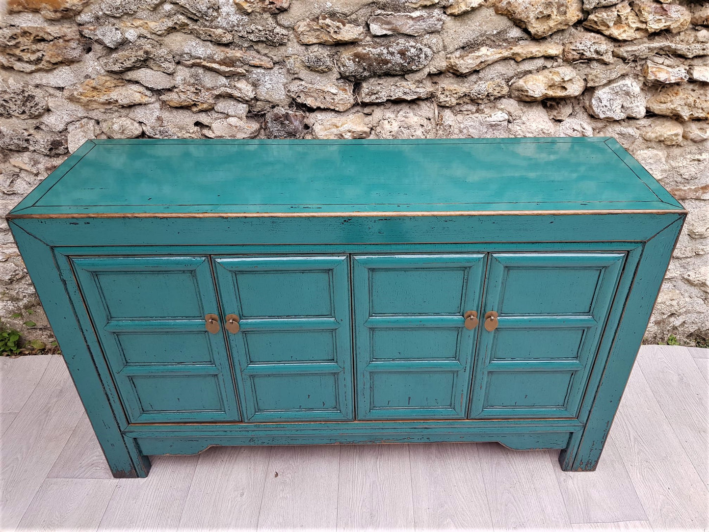 moyen meuble salon laqué bleu turquoise à croisillons dessus