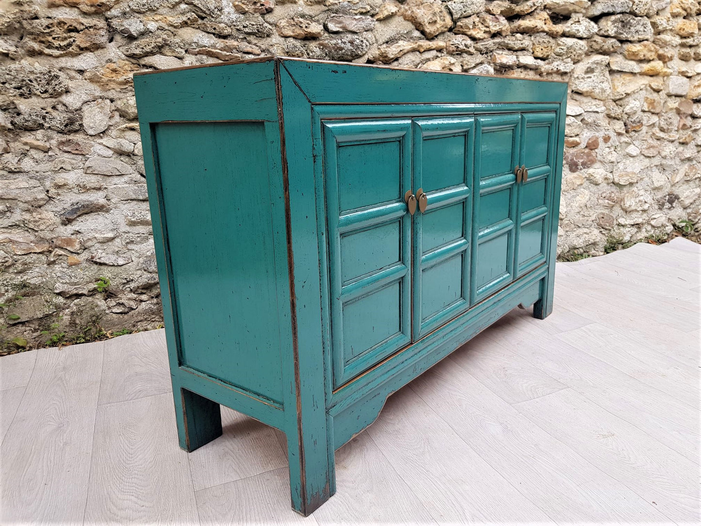 moyen meuble salon laqué bleu turquoise à croisillons droit