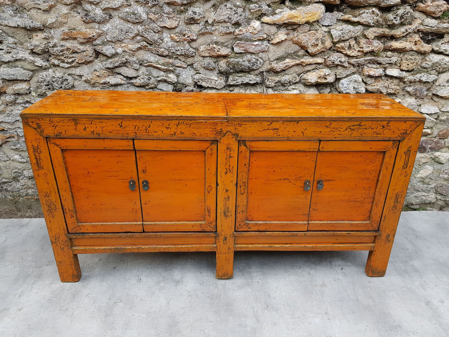 grand meuble buffet commode enfilade 4 portes laqué couleur jaune orange 2