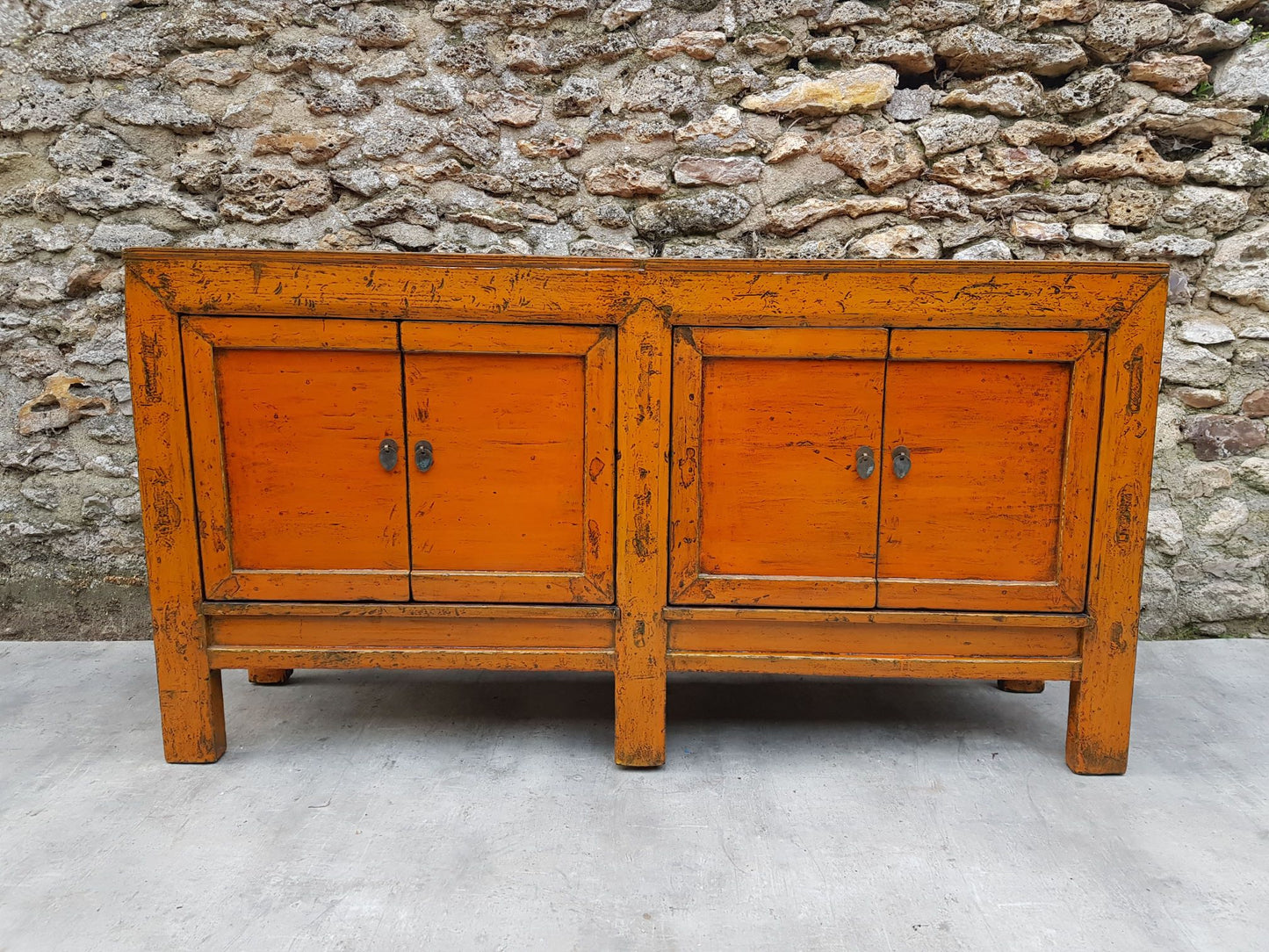 grand meuble buffet commode enfilade 4 portes laqué couleur jaune orange 1