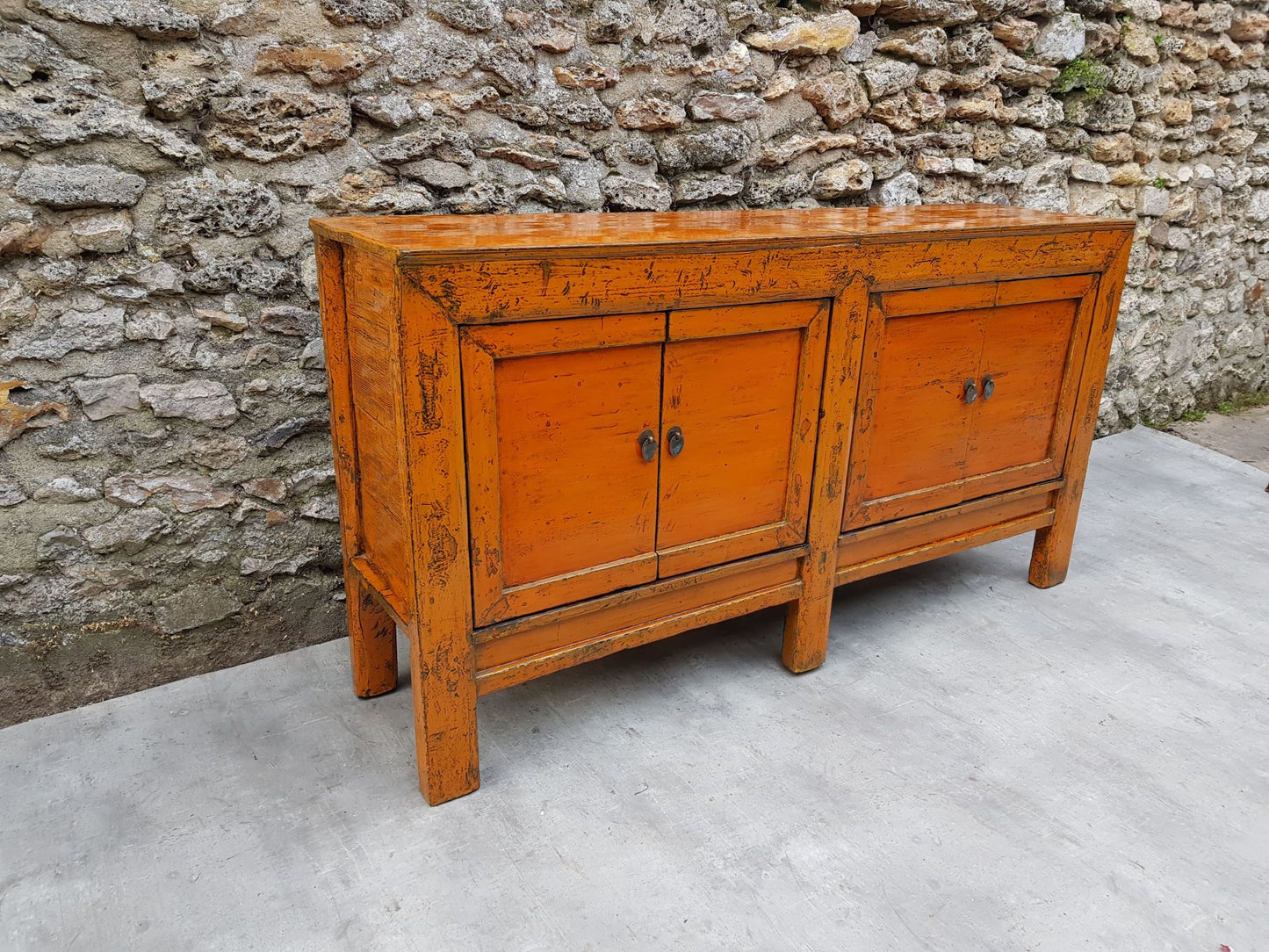 grand meuble buffet commode enfilade 4 portes laqué couleur jaune orange 4