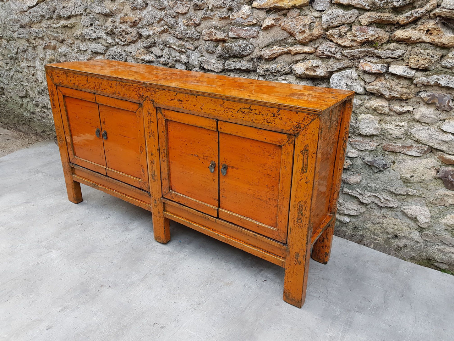 grand meuble buffet commode enfilade 4 portes laqué couleur jaune orange 3