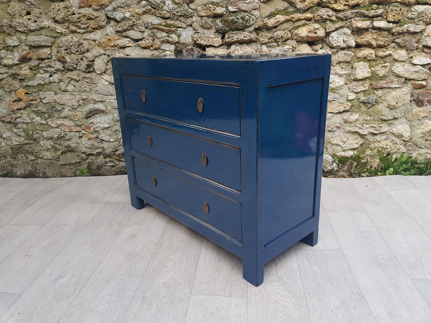 Commode 3 tiroirs laqué bleu pétrole droit