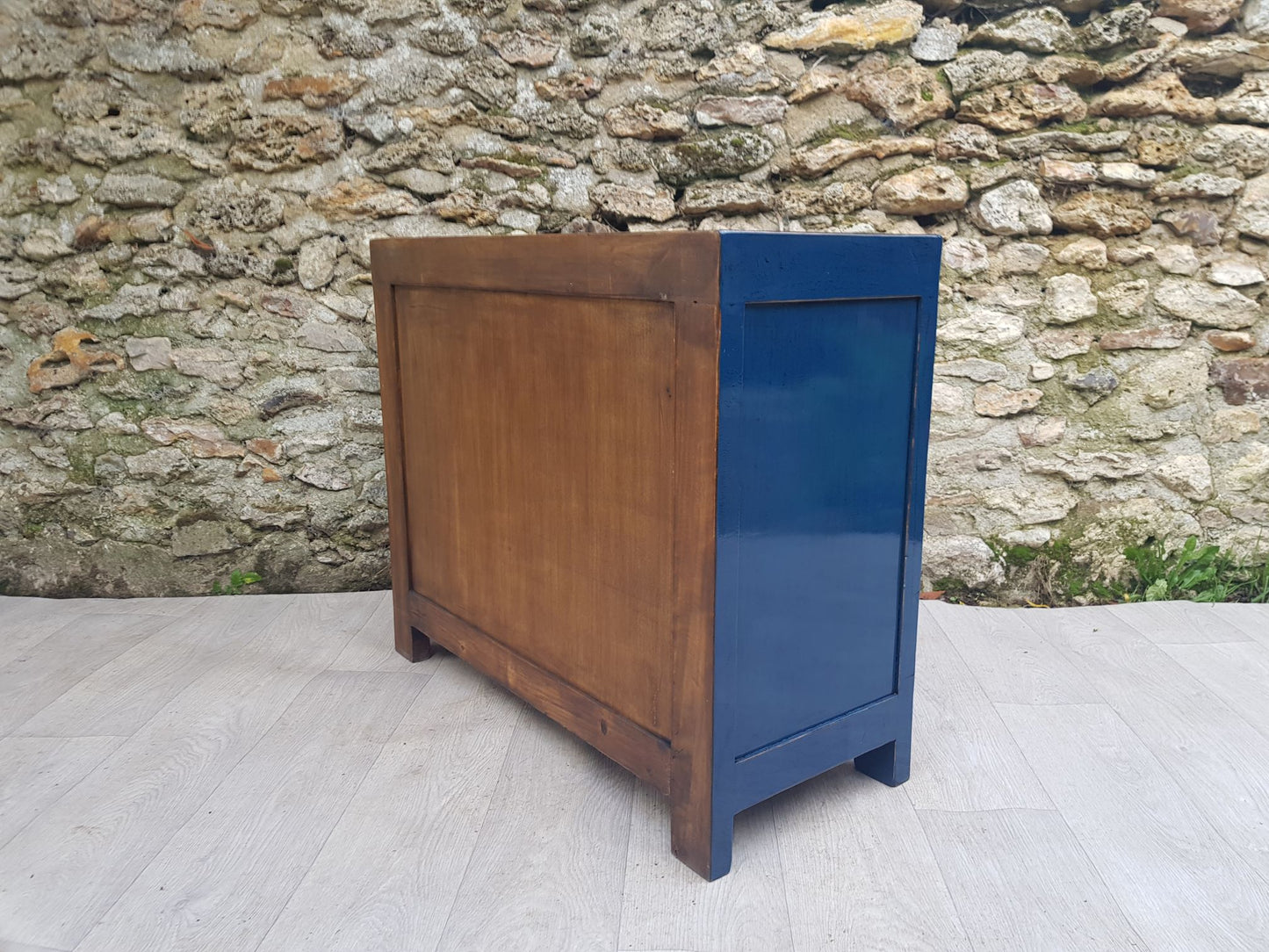 Commode 3 tiroirs laqué bleu pétrole arrière gauche