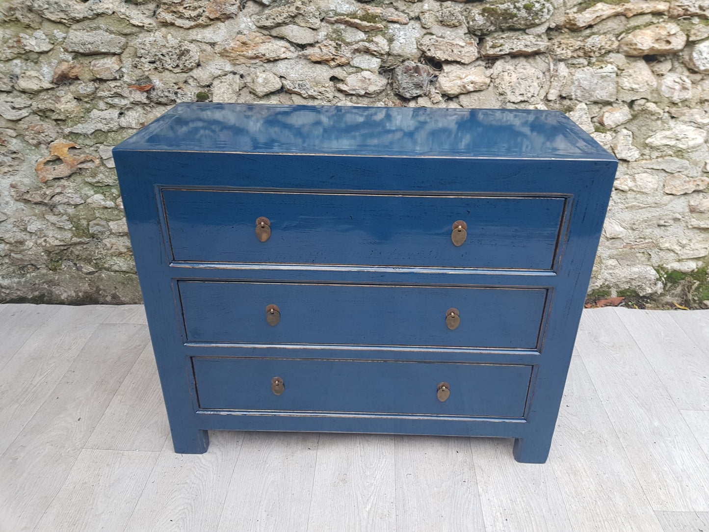 Commode 3 tiroirs laqué bleu pétrole dessus