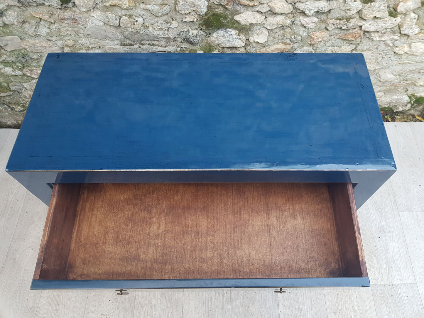 Commode 3 tiroirs laqué bleu pétrole tiroir ouvert
