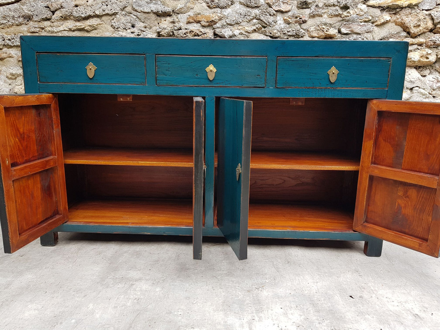 Grand Buffet Meuble Laqué Bleu Canard 3 Tiroirs 4 Portes