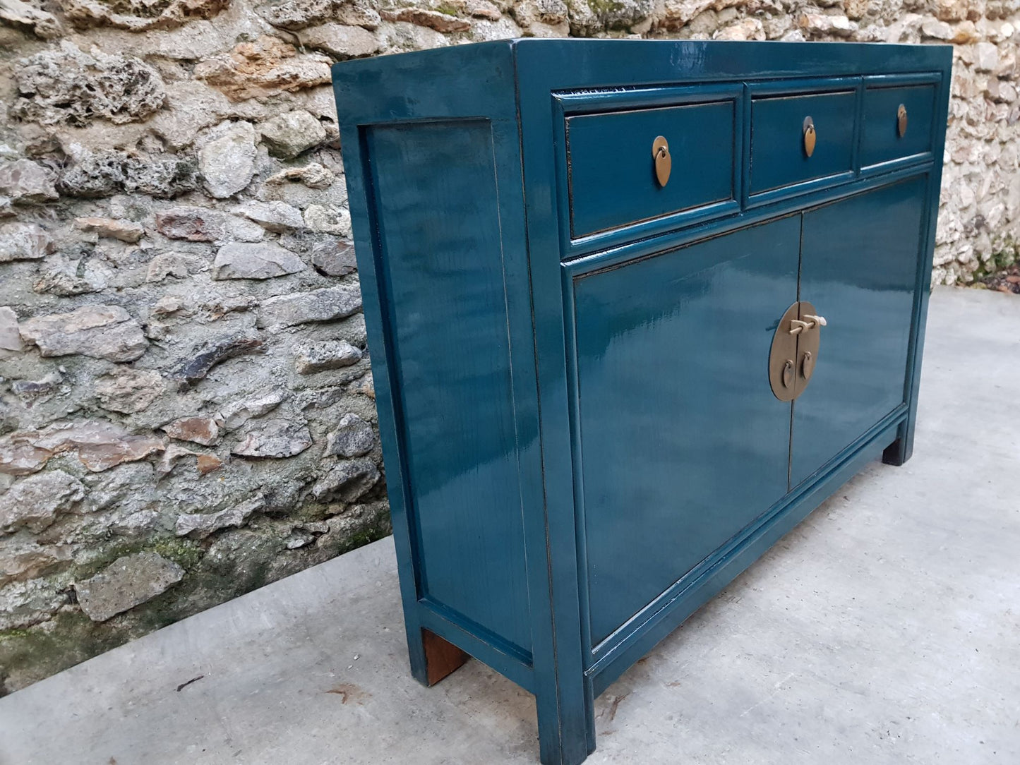 Moyen buffet 3 tiroirs 2 portes 30cm laqué couleur bleu marine bleu canard 3