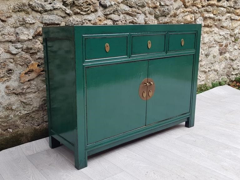 meuble buffet 3 tiroirs 2 portes laqué couleur vert foncé vert émeraude 4
