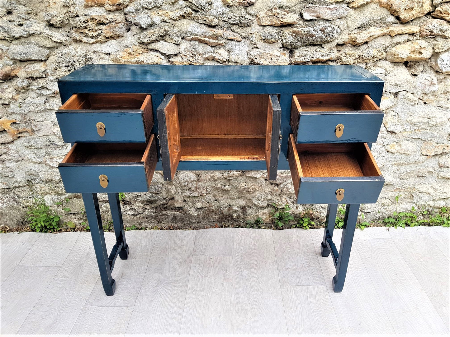 meuble console desserte laqué bleu foncé portes tiroirs ouverts