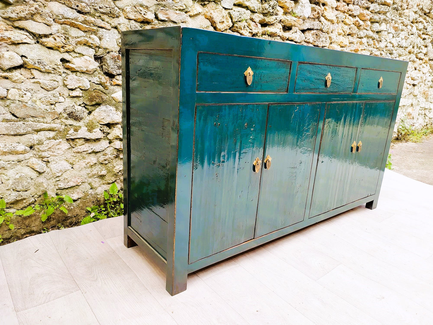 Grand Buffet Meuble Laqué Bleu-Vert Canard 3 Tiroirs 4 Portes Mobello