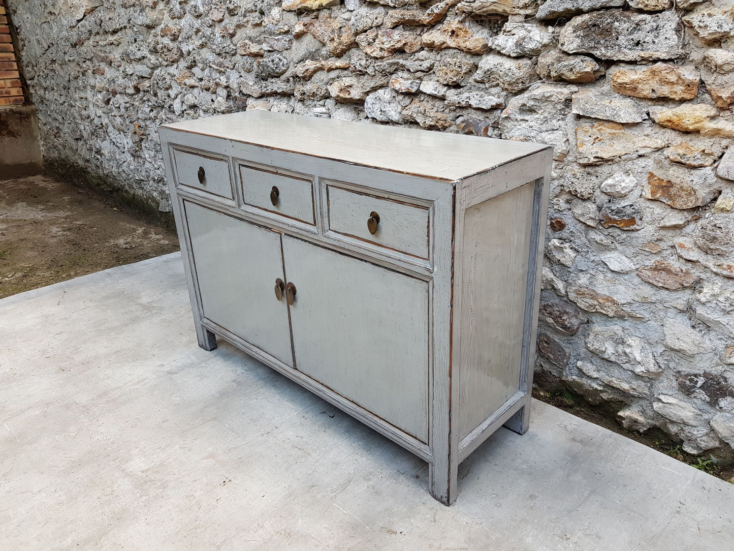 meuble buffet moyen bahut commode 3 tiroirs 2 portes couleur gris blanc cassé 3