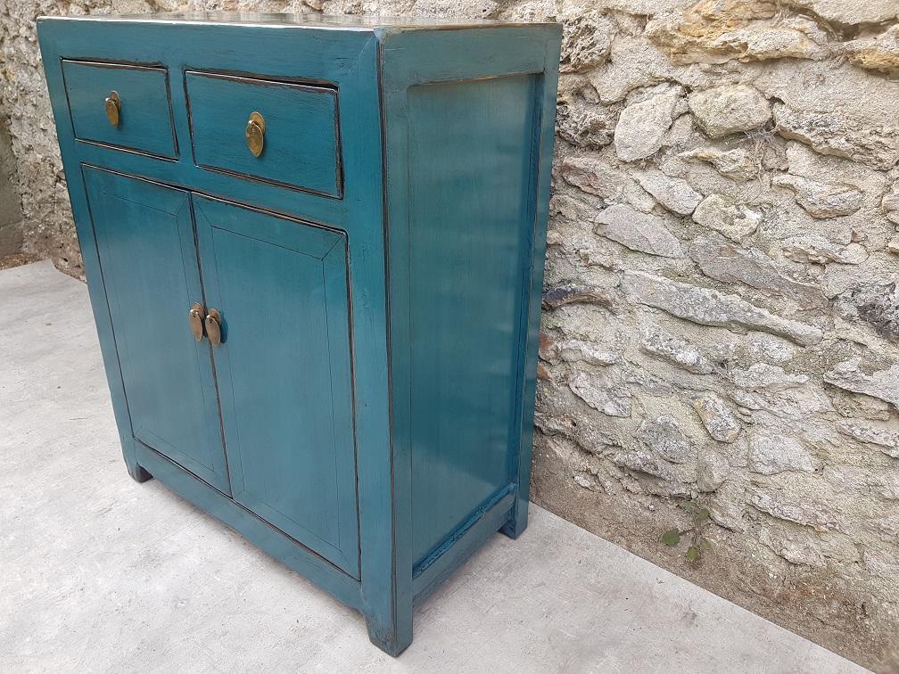 petit buffet 2 tiroirs 2 portes bleu turquoise droit