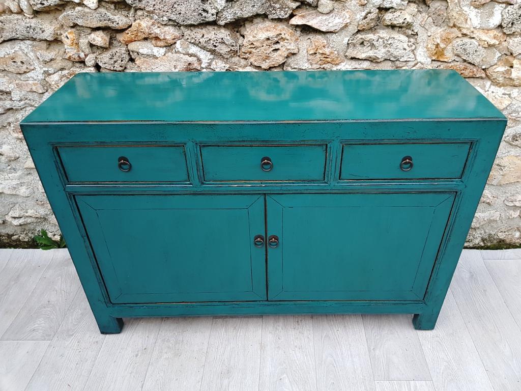 Turquoise Blue Lacquered Living Room Buffet with 3 Drawers 2 Doors