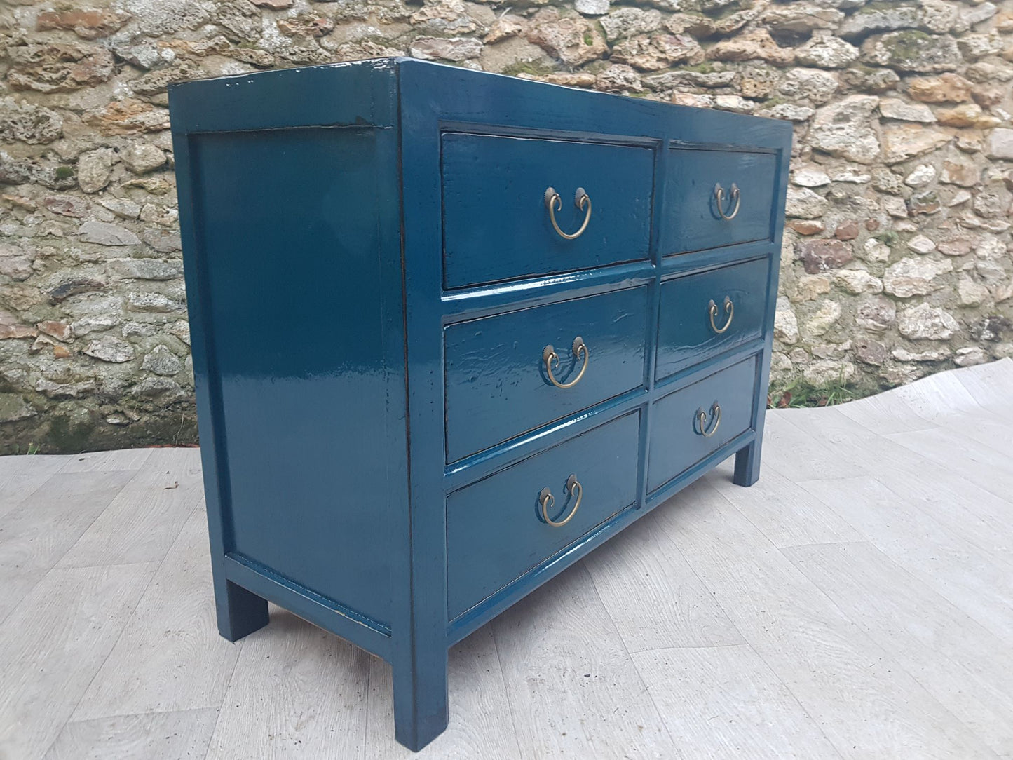 Commode 6 tiroirs, laquée bleu canard, vue côté gauche