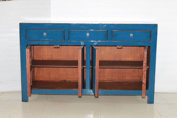Grand Buffet Meuble Laqué Bleu Foncé 4 Portes 3 Tiroirs