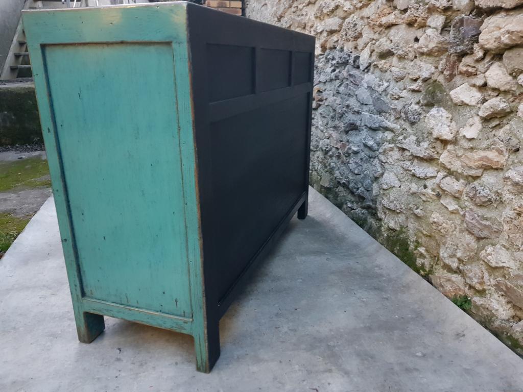 buffet meuble 3 tiroirs 2 portes motif floral patchwork couleur bleu turquoise 6