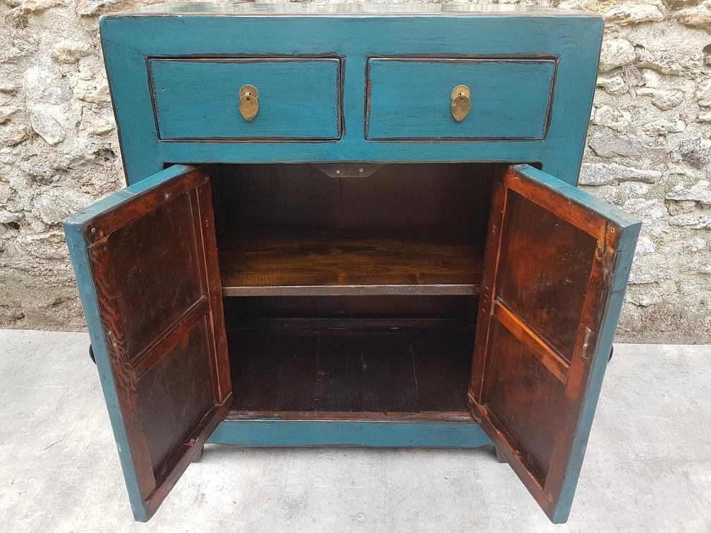 petit buffet 2 tiroirs 2 portes bleu turquoise portes ouvertes