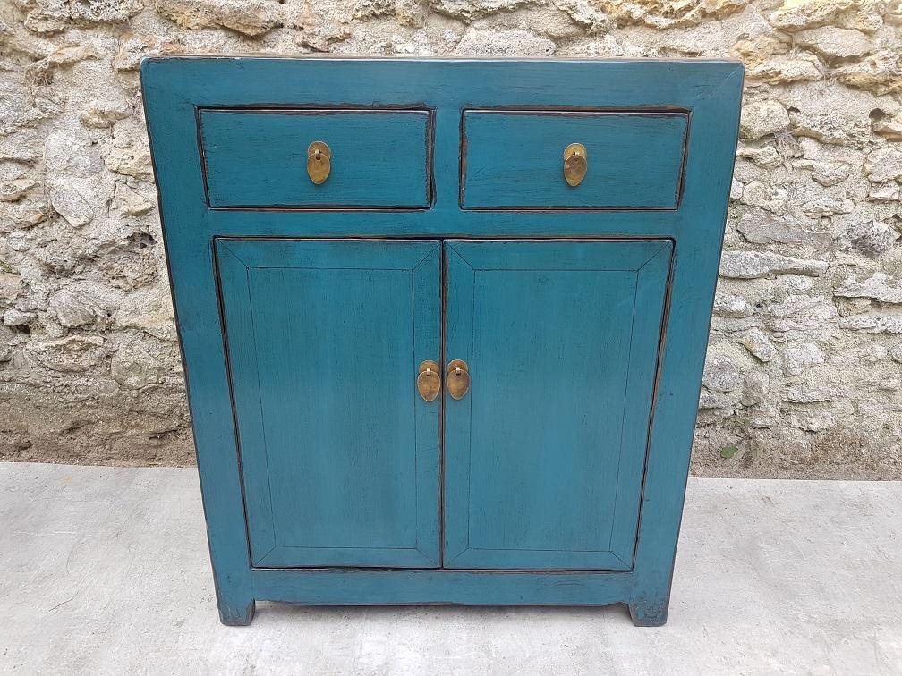 petit buffet 2 tiroirs 2 portes bleu turquoise face