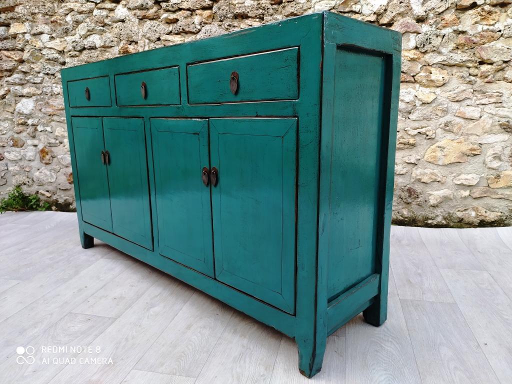 grand buffet 3 tiroirs 4 portes bleu turquoise droit