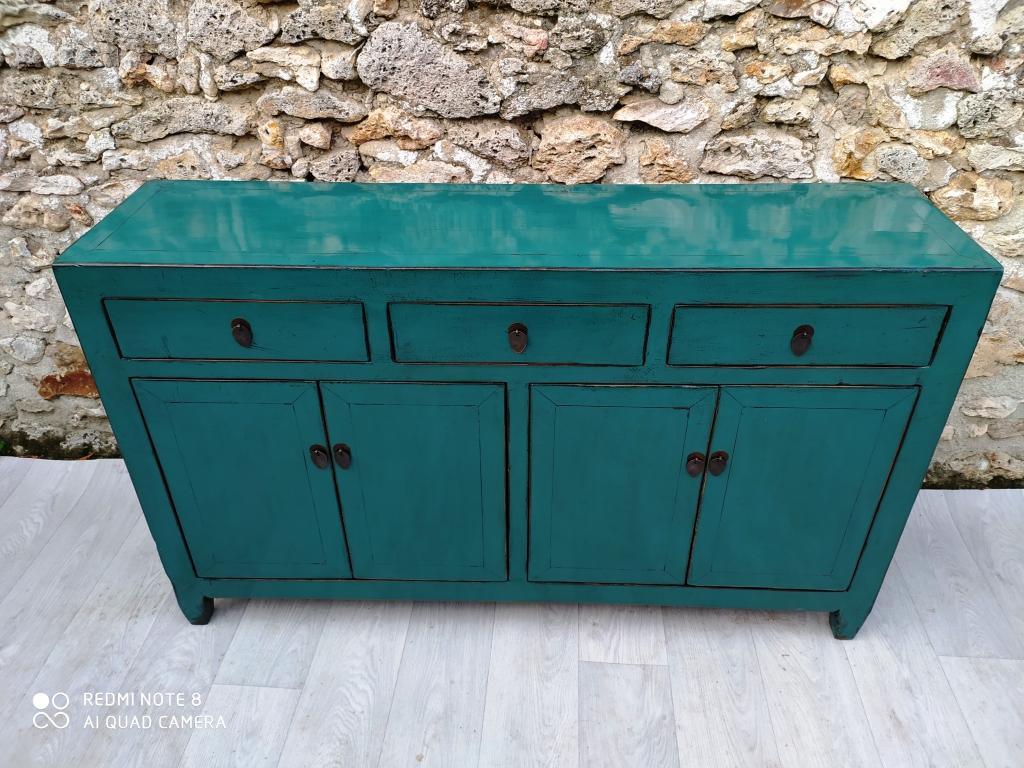 grand buffet 3 tiroirs 4 portes bleu turquoise dessus
