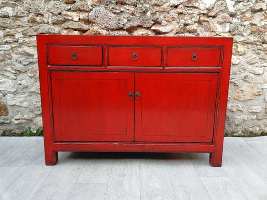 meuble 3 tiroirs 2 portes rouge clair face