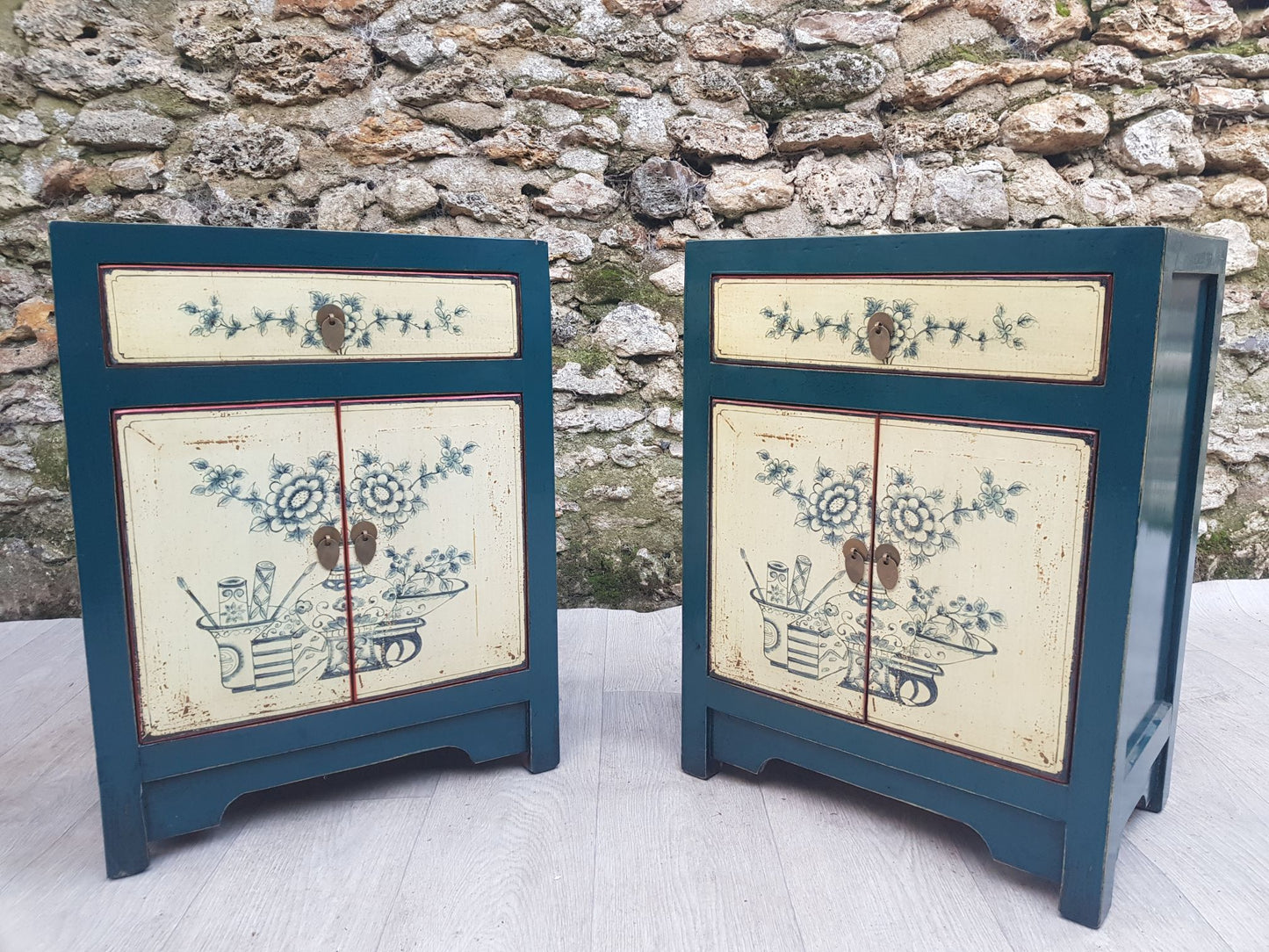 Small Dark Blue Lacquered Sideboard with White/Blue Floral Pattern