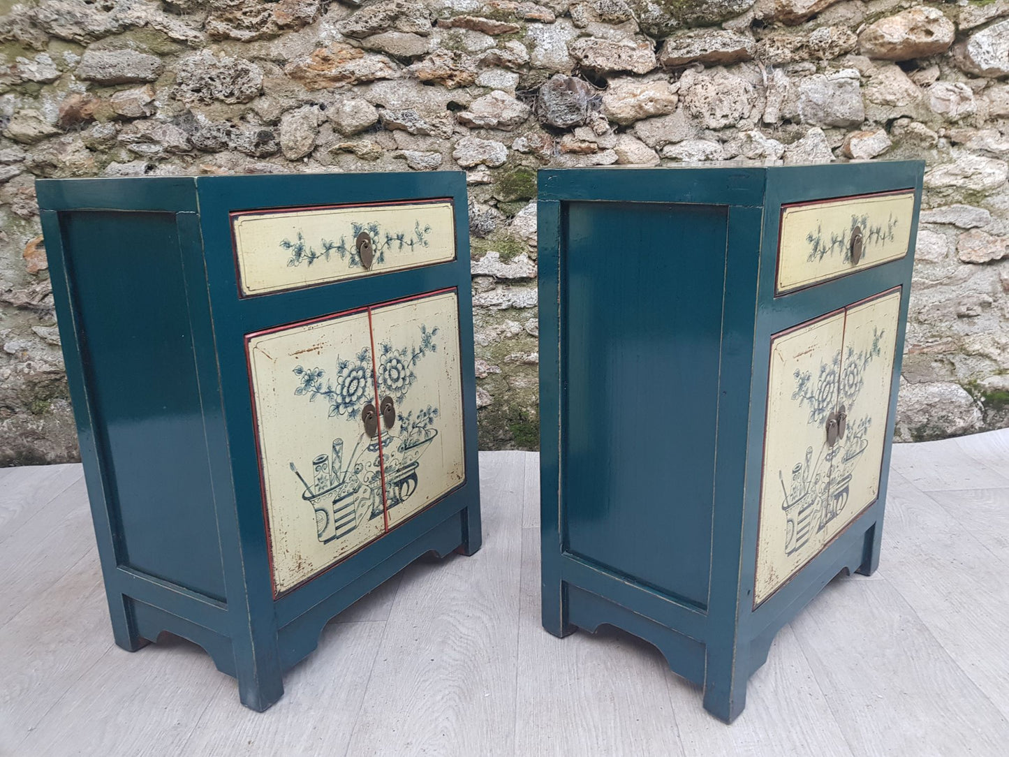 Small Dark Blue Lacquered Sideboard with White/Blue Floral Pattern