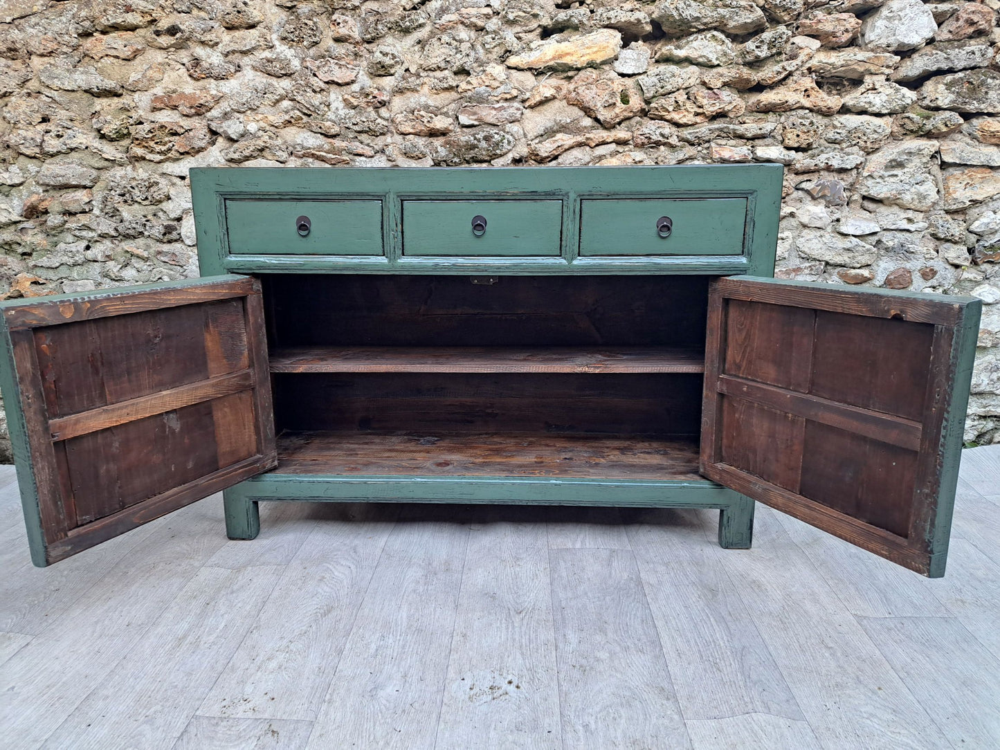 Buffet da soggiorno laccato blu turchese con 3 cassetti 2 ante