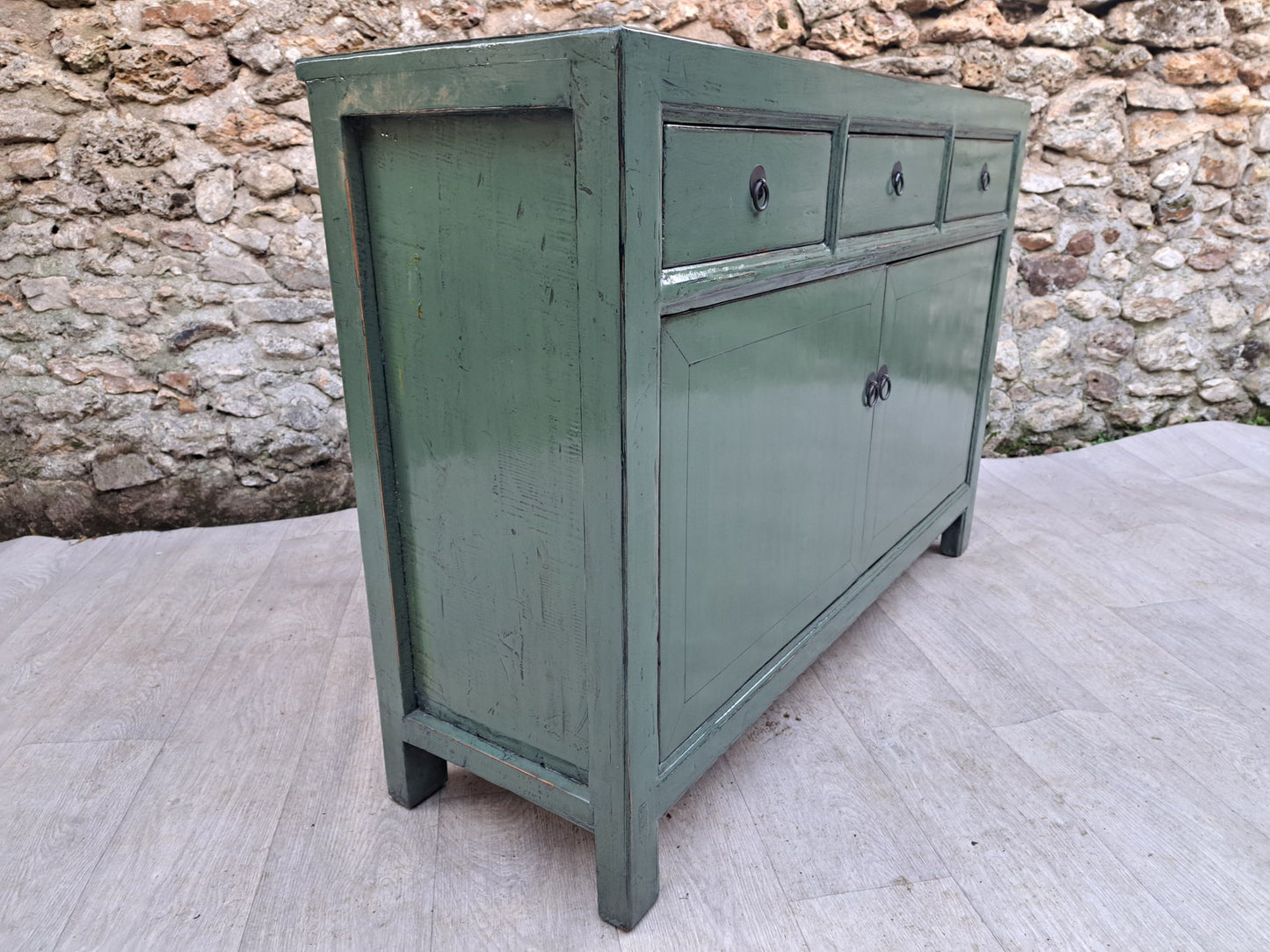 Buffet da soggiorno laccato blu turchese con 3 cassetti 2 ante