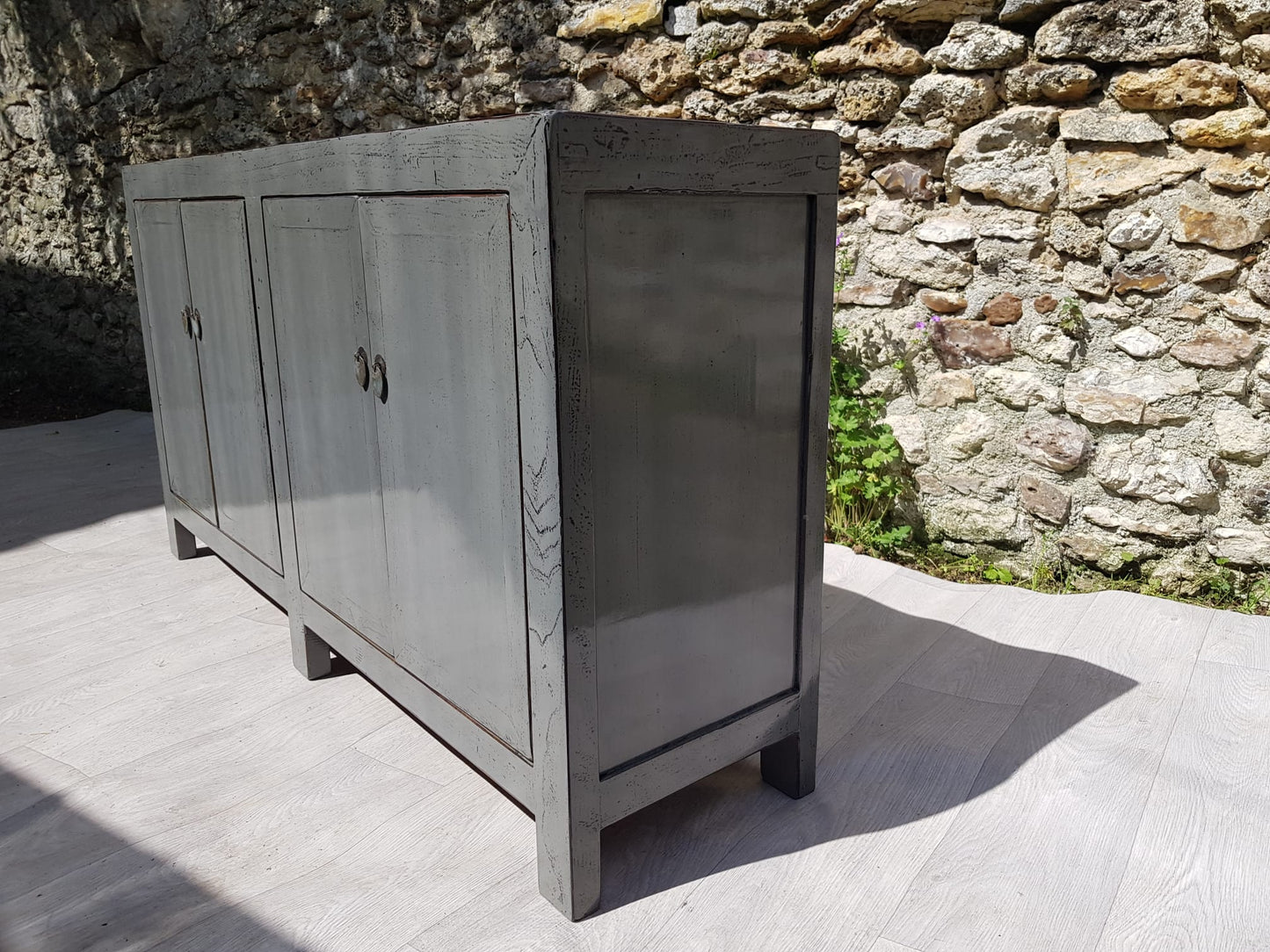 Grand Buffet Meuble Laqué Gris Moyen 4 Portes