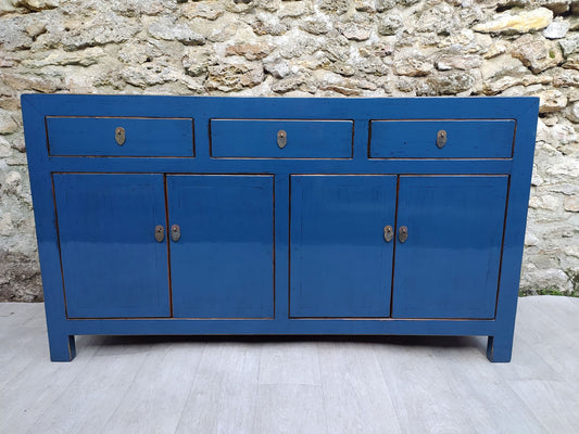 Grand buffet bleu pétrole laqué 3 tiroirs et 4 portes face