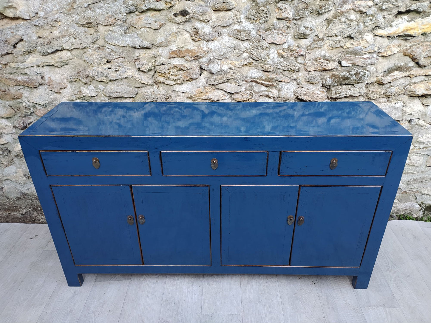 Grand buffet bleu pétrole laqué 3 tiroirs et 4 portes de haut