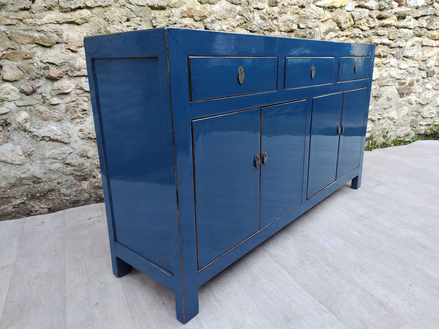 Grand buffet bleu pétrole laqué 3 tiroirs et 4 portes gauche