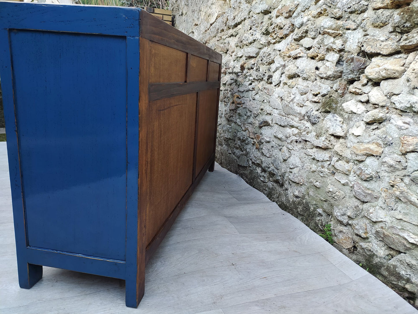 Grand buffet bleu pétrole laqué 3 tiroirs et 4 portes arrière