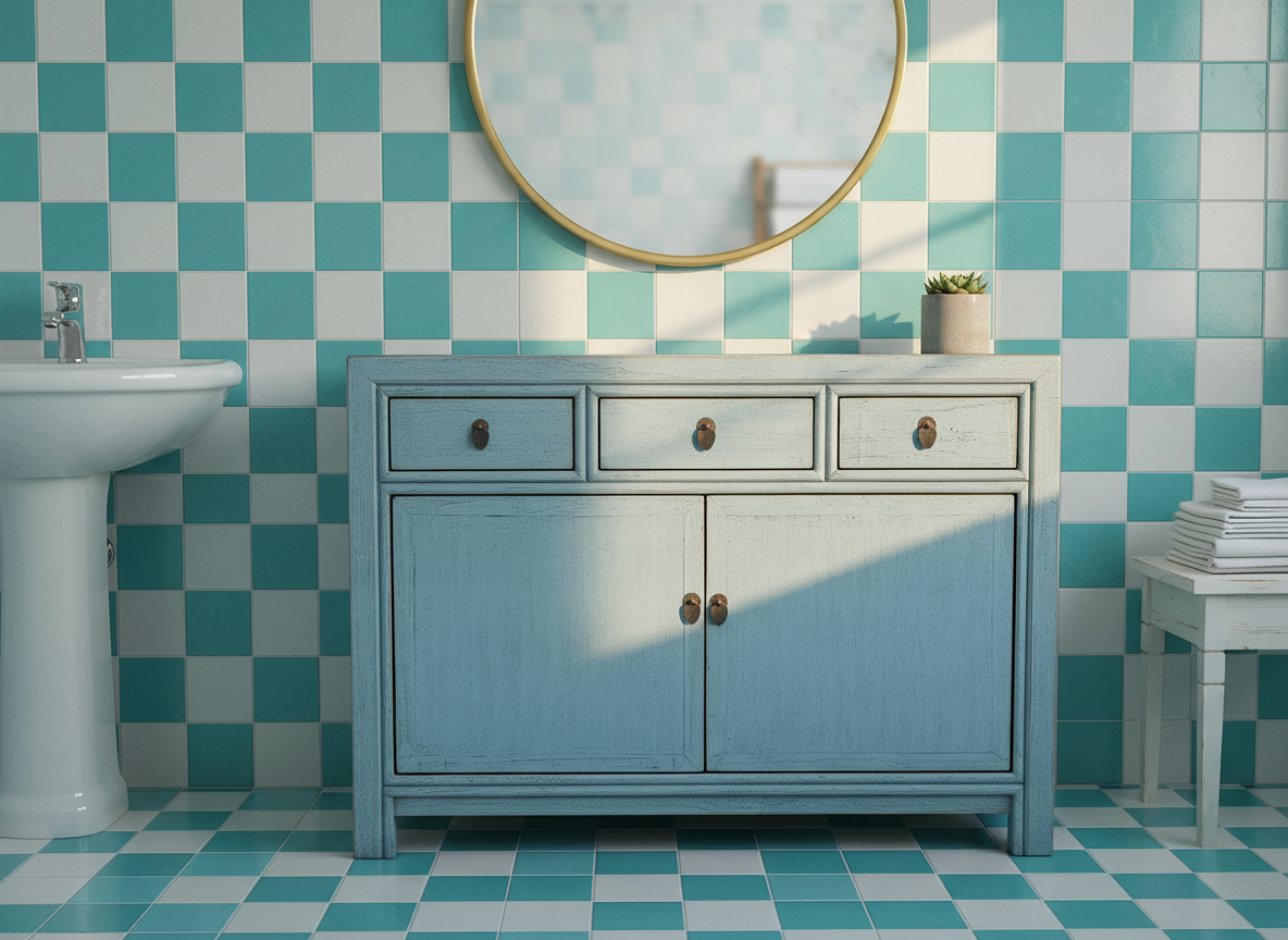 Meuble bleu pastel dans salle de bain vert bleu turquoise