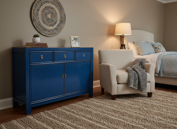 Meuble bleu pétrole dans chambre