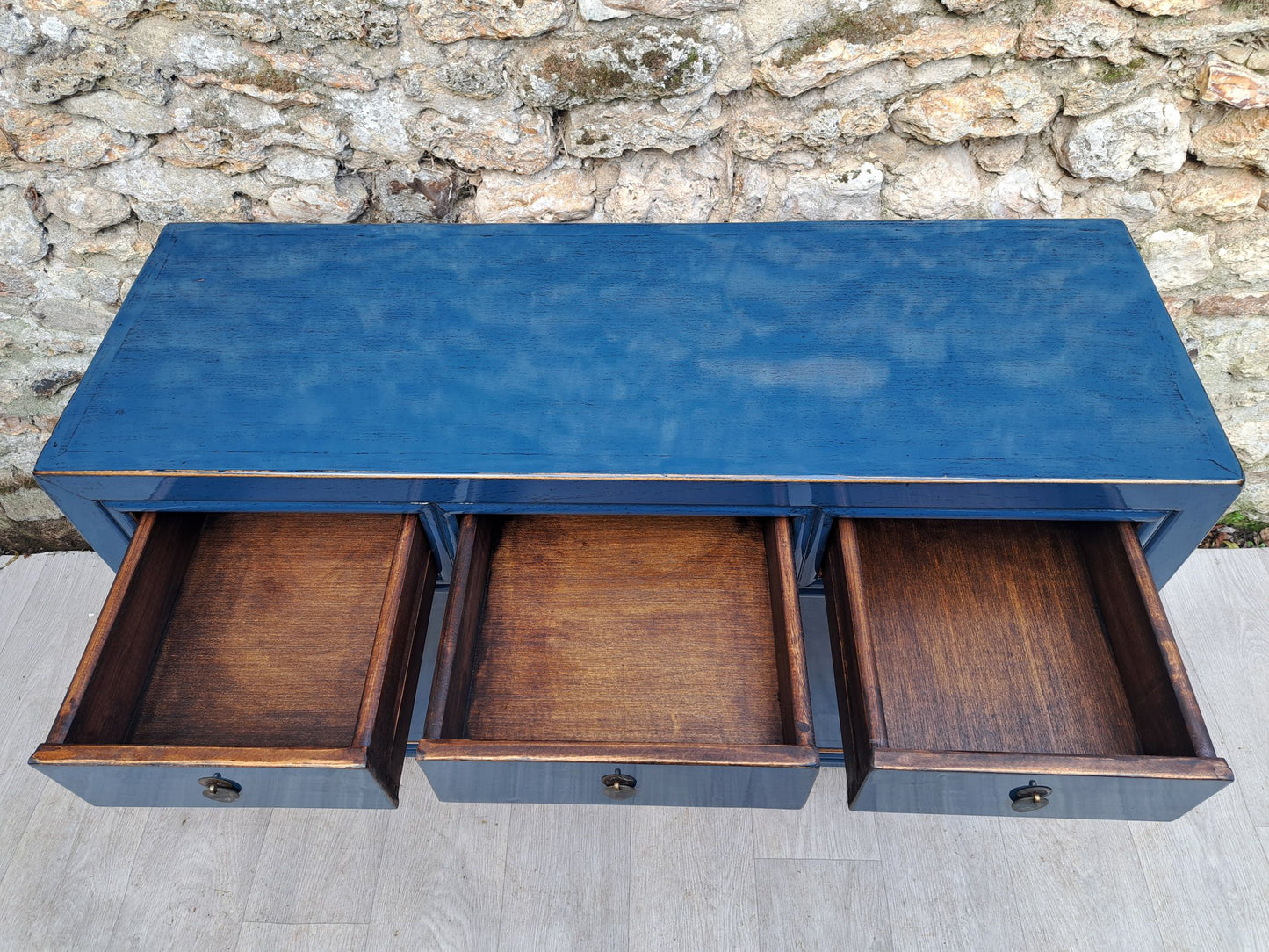 Buffet Salon Laqué Bleu Pétrole 3 Tiroirs 2 Portes | Mobello