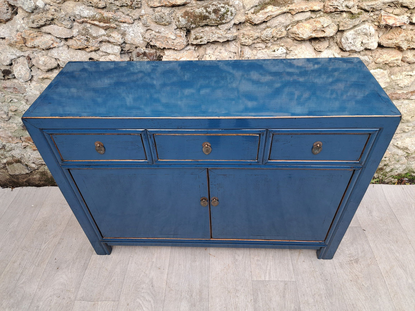 Buffet Salon Laqué Bleu Pétrole 3 Tiroirs 2 Portes | Mobello