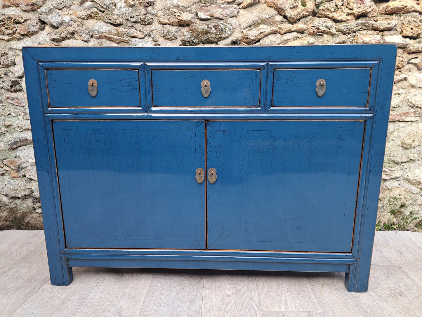 Buffet Salon Laqué Bleu Pétrole 3 Tiroirs 2 Portes | Mobello