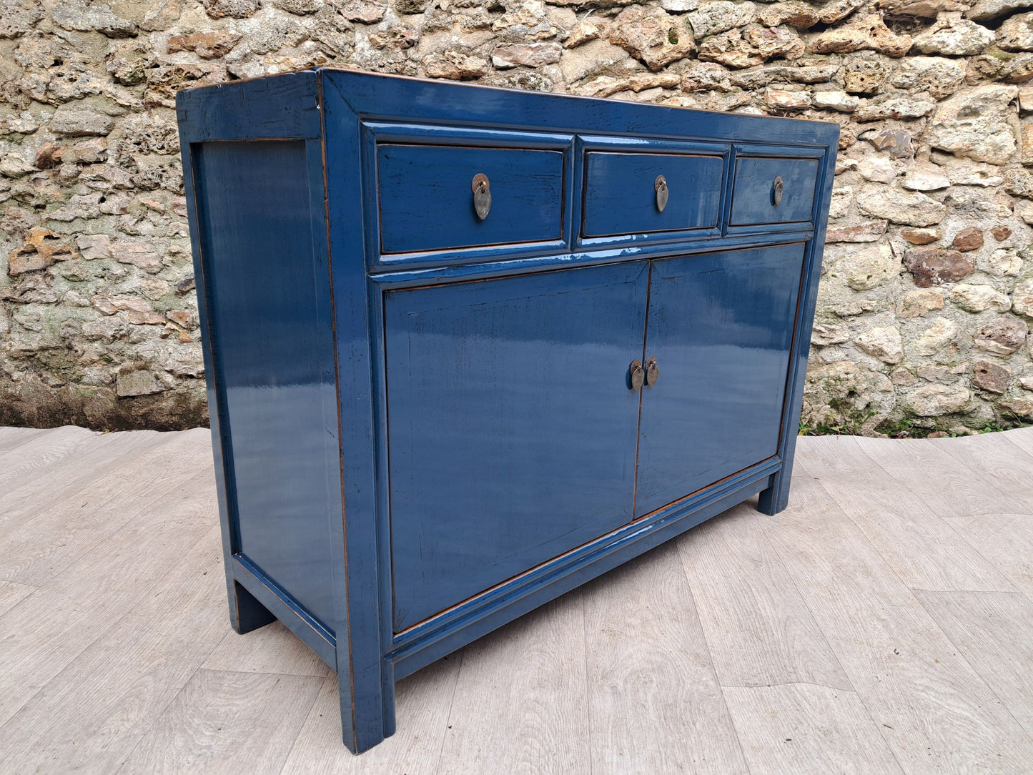 Buffet Salon Laqué Bleu Pétrole 3 Tiroirs 2 Portes | Mobello